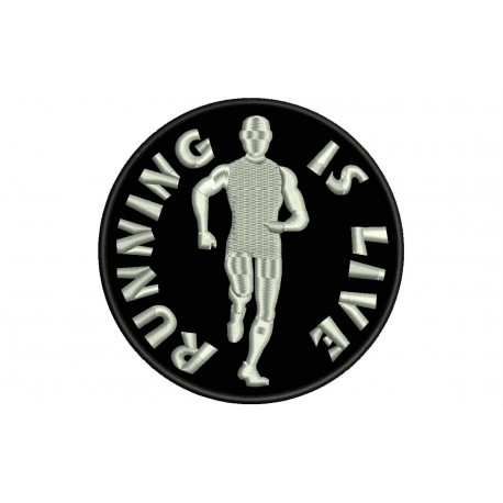 Parche Bordado RUNNING IS LIVE (Bordado PLATA / Fondo NEGRO)