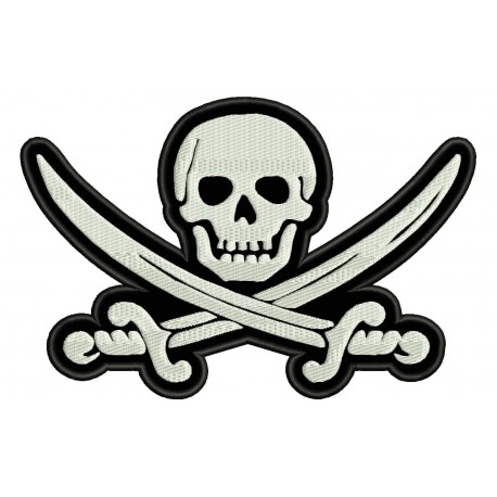 Parche Bordado CALAVERA PIRATA y SABLES (Bordado NEGRO / Fondo BLANCO)