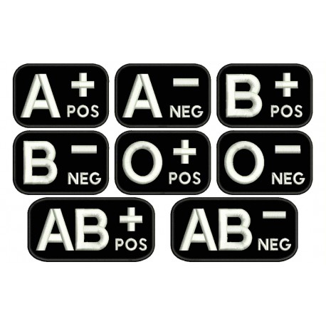 Parche Bordado GRUPO SANGUINEO (Bordado BLANCO / Fondo NEGRO)