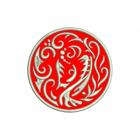 Parche Bordado DRAGON TRIBAL (Bordado PLATA / Fondo ROJO)