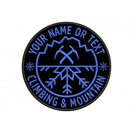 Parche Bordado CLIMBING & MOUNTAIN (Bordado AZUL METALICO / Fondo NEGRO) 